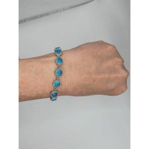 Sterling Silver Bracelet Aquamarine Blue Topaz 925 Round Cut Tennis Style - Picture 4 of 7